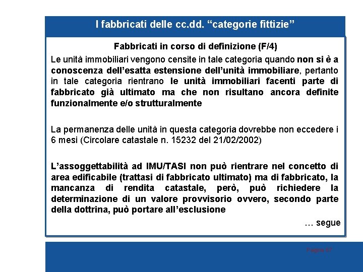 I fabbricati delle cc. dd. “categorie fittizie” Fabbricati in corso di definizione (F/4) Le