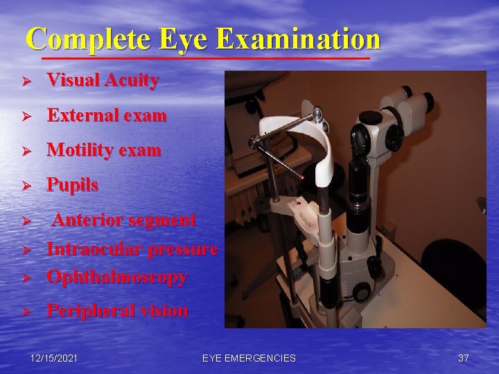 Complete Eye Examination Ø Visual Acuity Ø External exam Ø Motility exam Ø Pupils