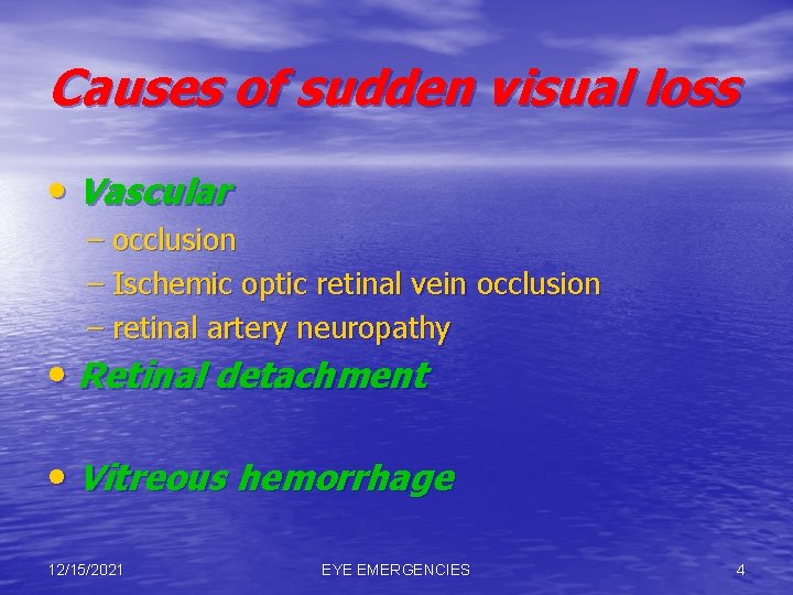 Causes of sudden visual loss • Vascular – occlusion – Ischemic optic retinal vein