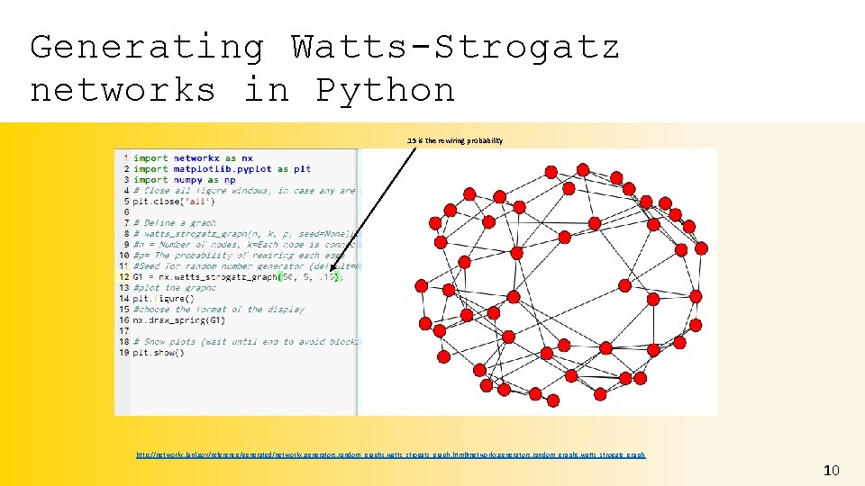 Generating Watts-Strogatz networks in Python. 15 is the rewiring probability http: //networkx. lanl. gov/reference/generated/networkx.