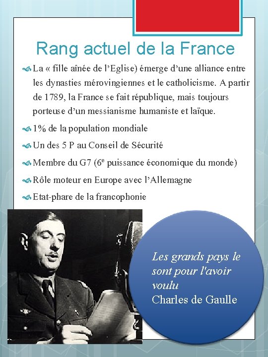 Rang actuel de la France La « fille aînée de l’Eglise) émerge d’une alliance