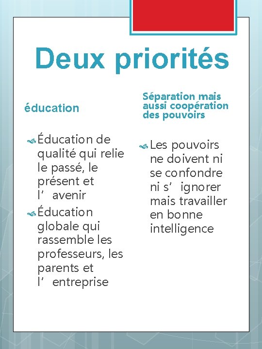 Deux priorités éducation Éducation de qualité qui relie le passé, le présent et l’avenir