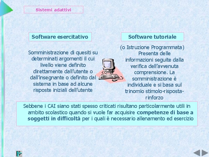 Sistemi adattivi Software esercitativo Somministrazione di quesiti su determinati argomenti il cui livello viene