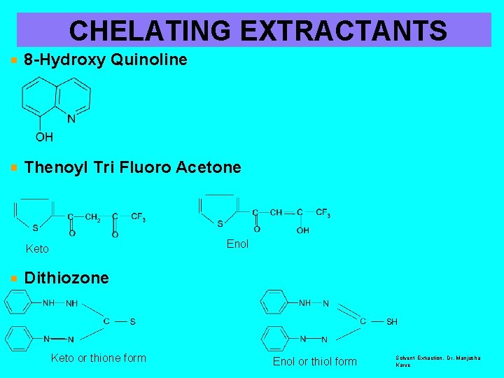 CHELATING EXTRACTANTS 8 -Hydroxy Quinoline Thenoyl Tri Fluoro Acetone Enol Keto Dithiozone Keto or