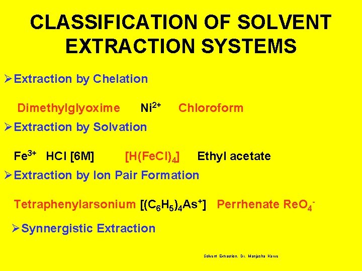 CLASSIFICATION OF SOLVENT EXTRACTION SYSTEMS ØExtraction by Chelation Dimethylglyoxime Ni 2+ Chloroform ØExtraction by