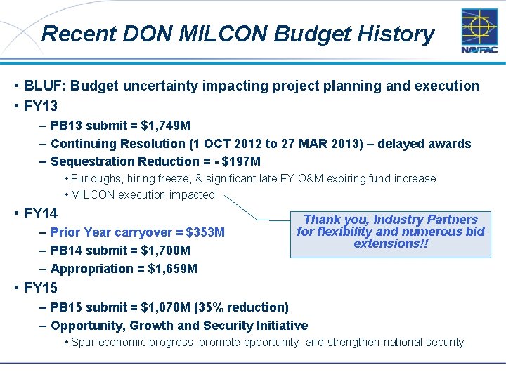 Recent DON MILCON Budget History • BLUF: Budget uncertainty impacting project planning and execution