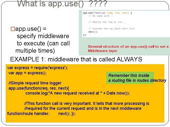 What is app. use() ? ? �app. use() = specify middleware to execute (can