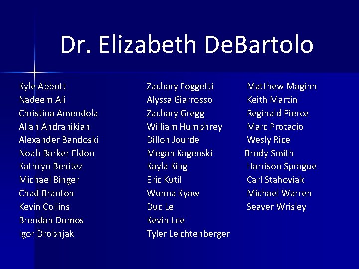Dr. Elizabeth De. Bartolo Kyle Abbott Nadeem Ali Christina Amendola Allan Andranikian Alexander Bandoski