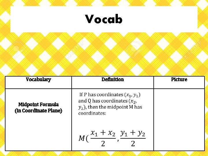 Vocabulary Midpoint Formula (in Coordinate Plane) Definition Picture 