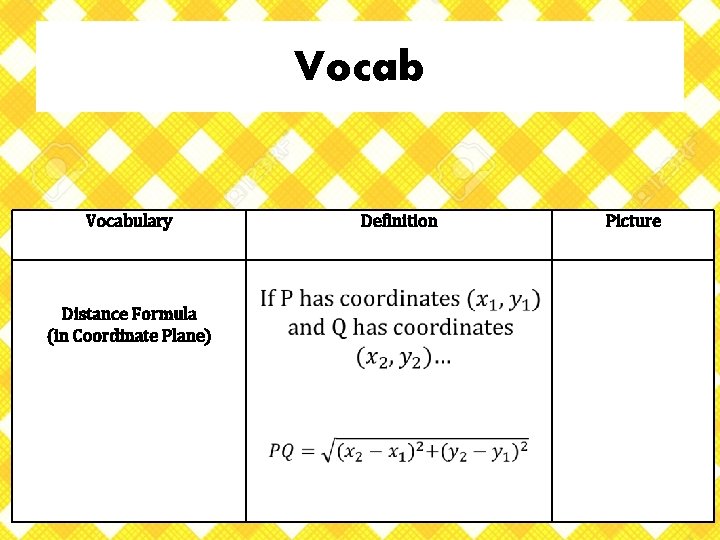 Vocabulary Distance Formula (in Coordinate Plane) Definition Picture 