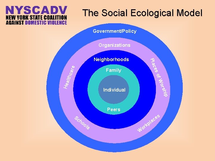 The Social Ecological Model Government/Policy Organizations are ces Pla Neighborhoods Hea ors of W