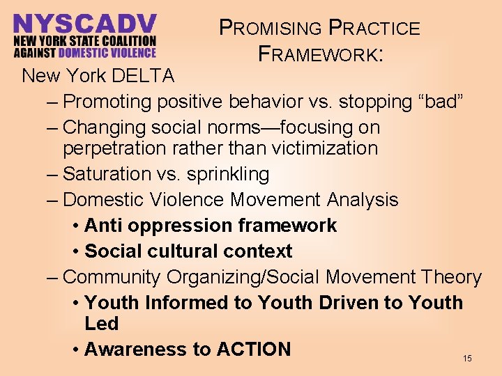 PROMISING PRACTICE FRAMEWORK: New York DELTA – Promoting positive behavior vs. stopping “bad” –