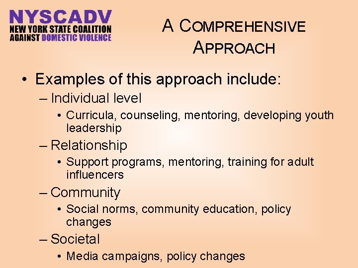 A COMPREHENSIVE APPROACH • Examples of this approach include: – Individual level • Curricula,