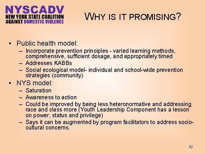 WHY IS IT PROMISING? • Public health model: – Incorporate prevention principles - varied