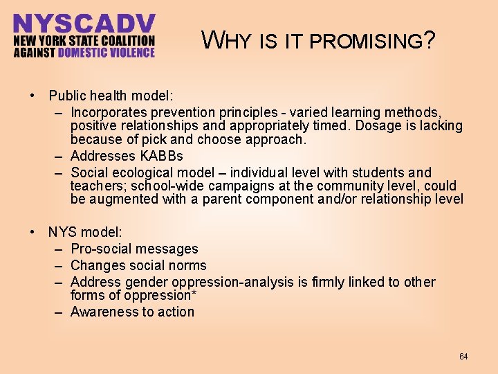WHY IS IT PROMISING? • Public health model: – Incorporates prevention principles - varied