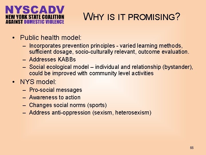 WHY IS IT PROMISING? • Public health model: – Incorporates prevention principles - varied