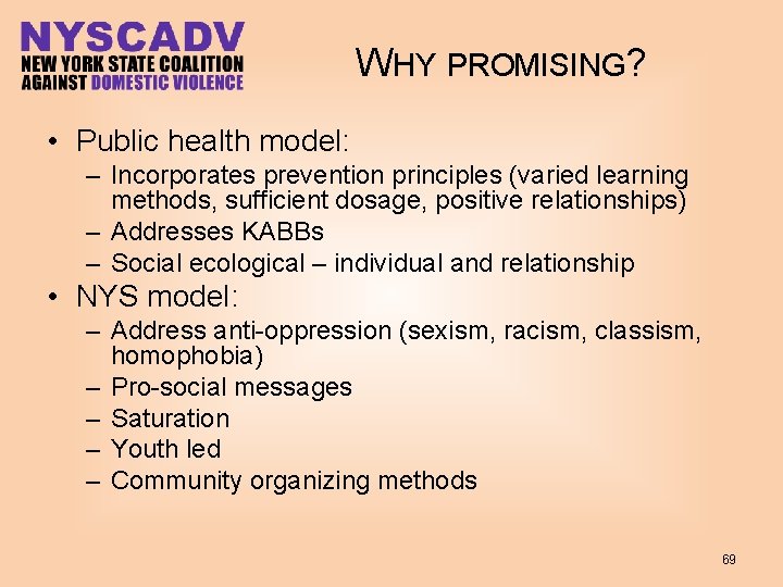 WHY PROMISING? • Public health model: – Incorporates prevention principles (varied learning methods, sufficient