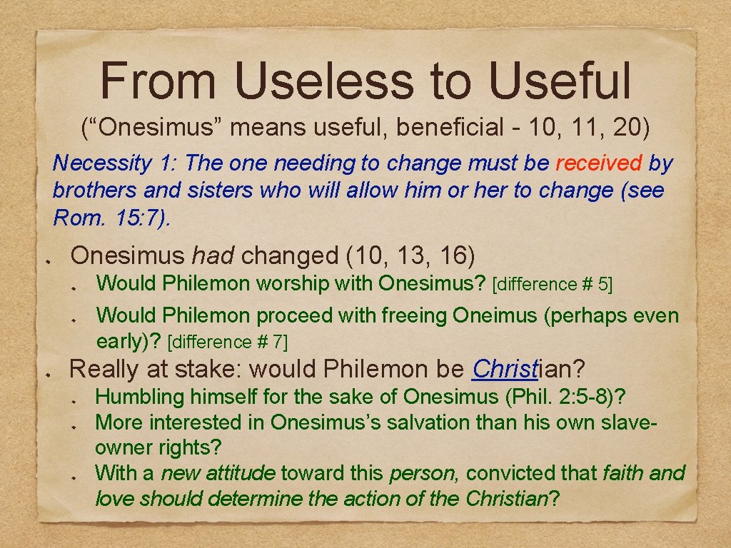 From Useless to Useful (“Onesimus” means useful, beneficial - 10, 11, 20) Necessity 1: