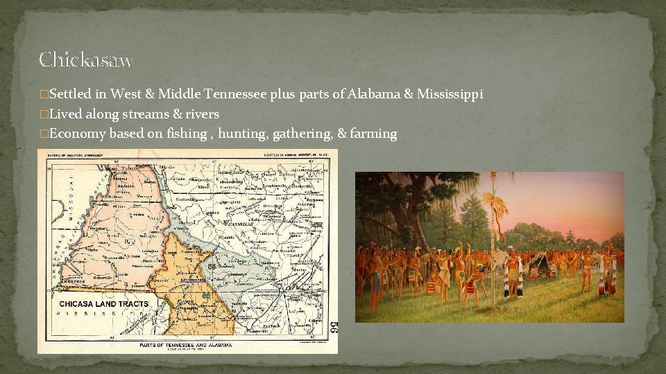 Chickasaw �Settled in West & Middle Tennessee plus parts of Alabama & Mississippi �Lived