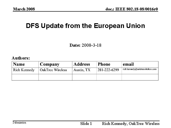 doc. : IEEE 802. 18 -08/0016 r 0 March 2008 DFS Update from the