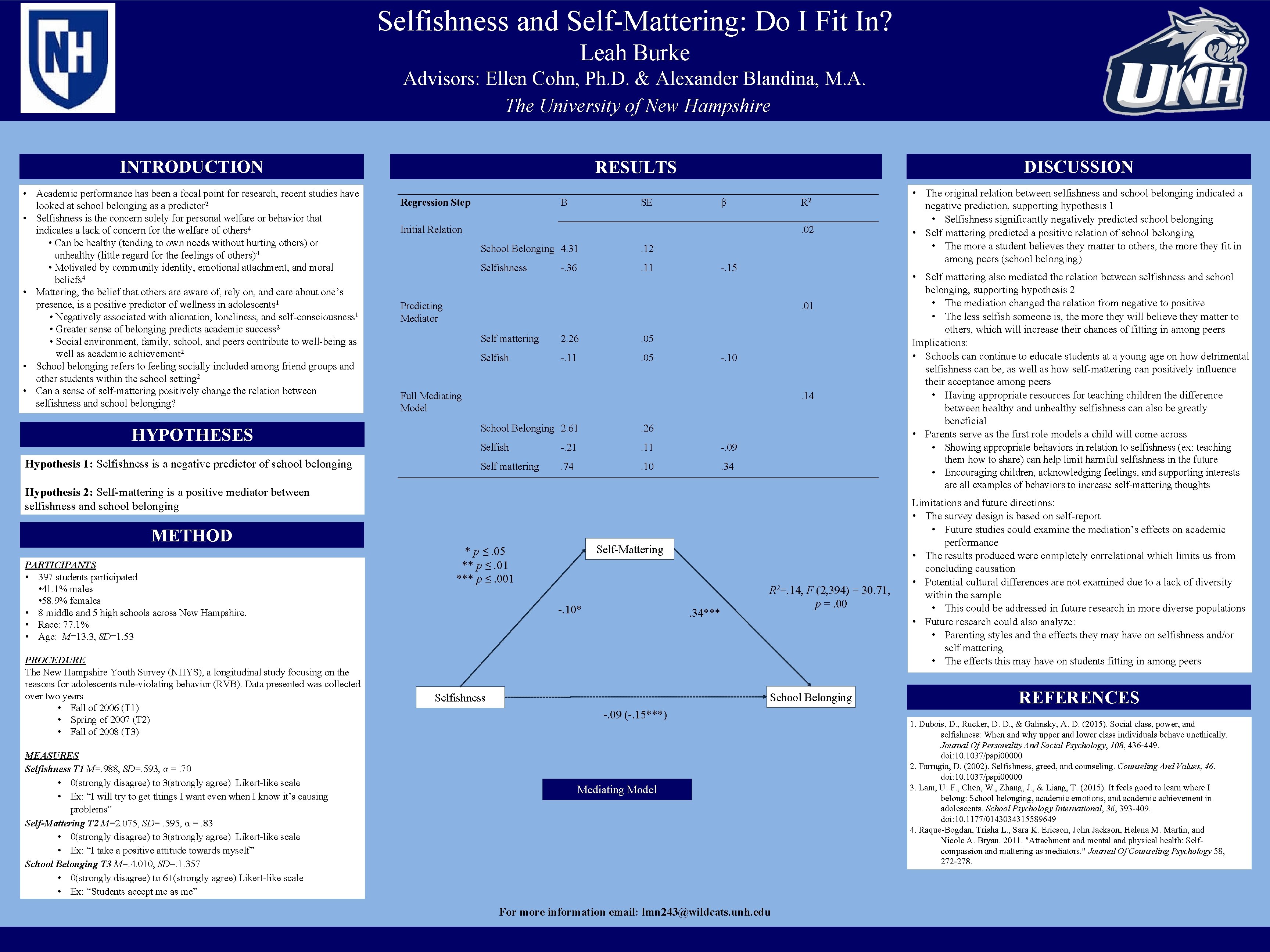 Selfishness and Self-Mattering: Do I Fit In? Leah Burke Advisors: Ellen Cohn, Ph. D.