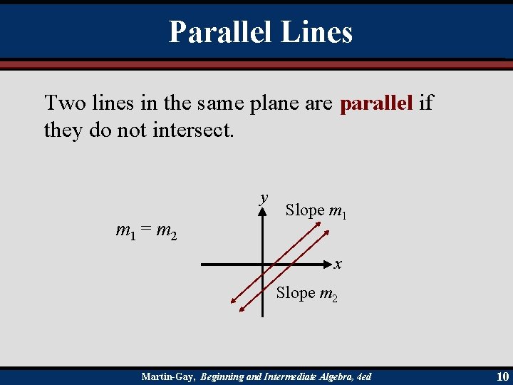 Parallel Lines Two lines in the same plane are parallel if they do not