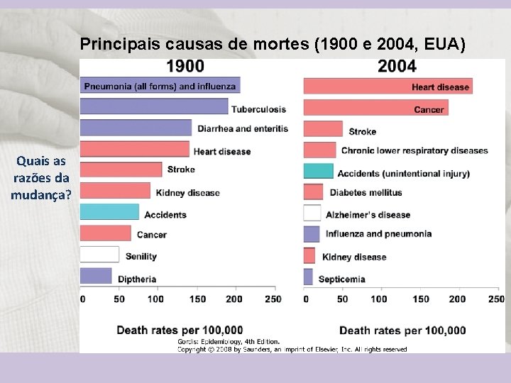 Principais causas de mortes (1900 e 2004, EUA) Quais as razões da mudança? 