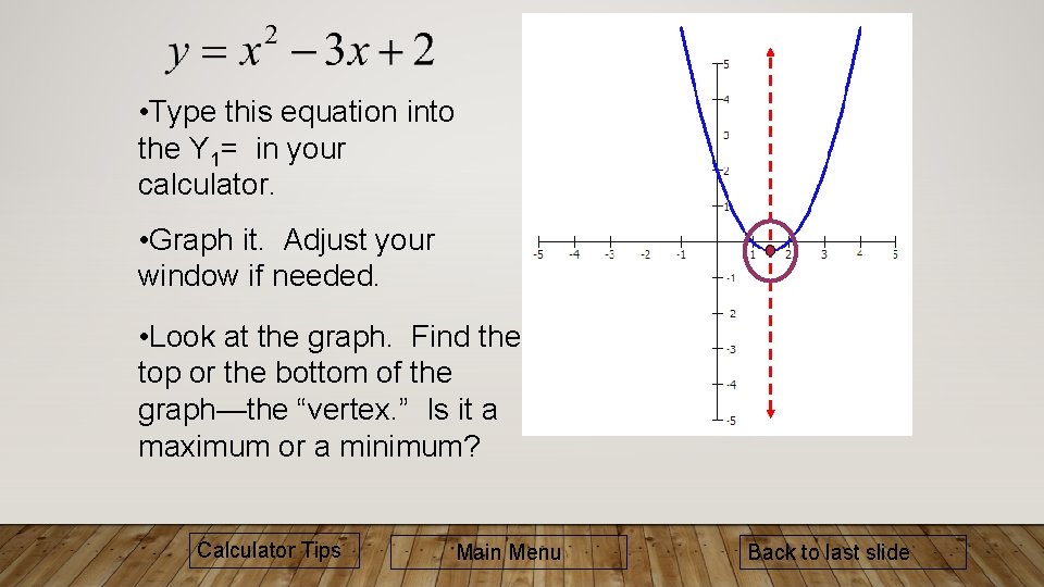  • Type this equation into the Y 1= in your calculator. • Graph