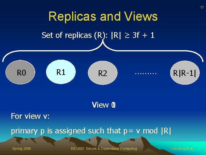 17 Replicas and Views Set of replicas (R): |R| ≥ 3 f + 1