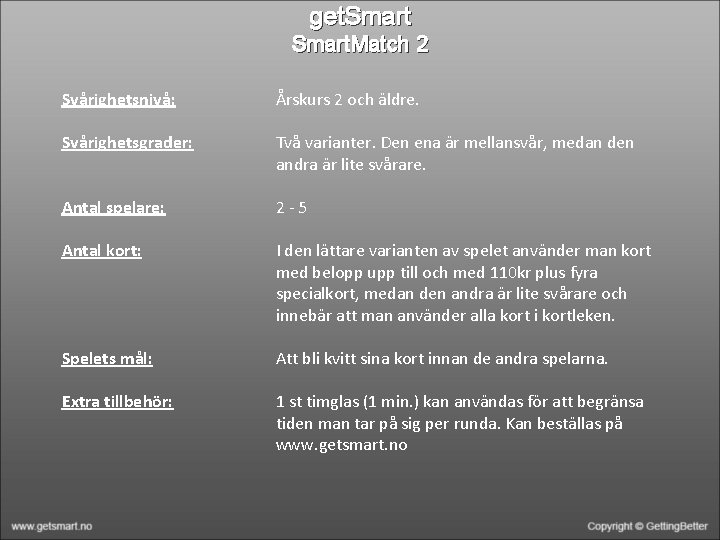 get. Smart. Match 2 Svårighetsnivå: Årskurs 2 och äldre. Svårighetsgrader: Två varianter. Den ena