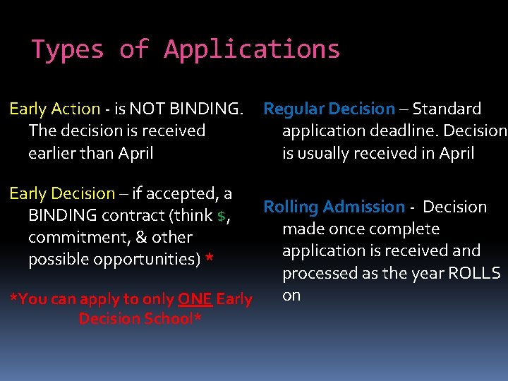 Types of Applications Early Action - is NOT BINDING. The decision is received earlier