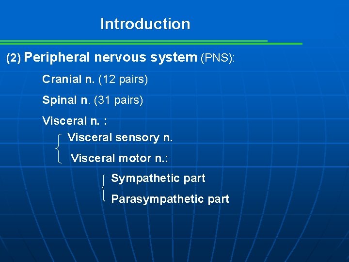 Introduction (2) Peripheral nervous system (PNS): Cranial n. (12 pairs) Spinal n. (31 pairs)