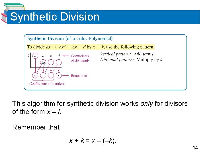 Synthetic Division This algorithm for synthetic division works only for divisors of the form