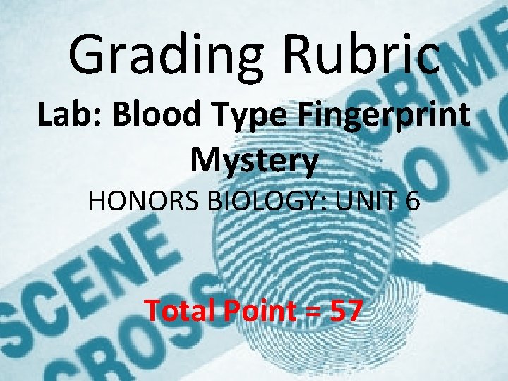 Grading Rubric Lab: Blood Type Fingerprint Mystery HONORS BIOLOGY: UNIT 6 Total Point =