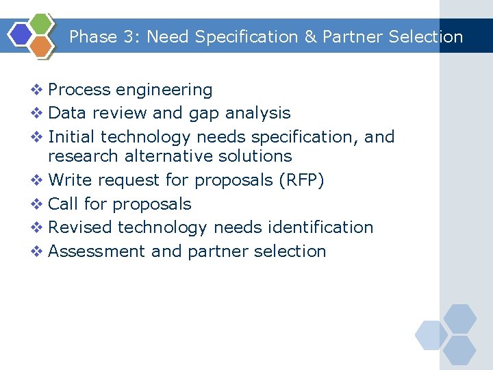 Phase 3: Need Specification & Partner Selection v Process engineering v Data review and