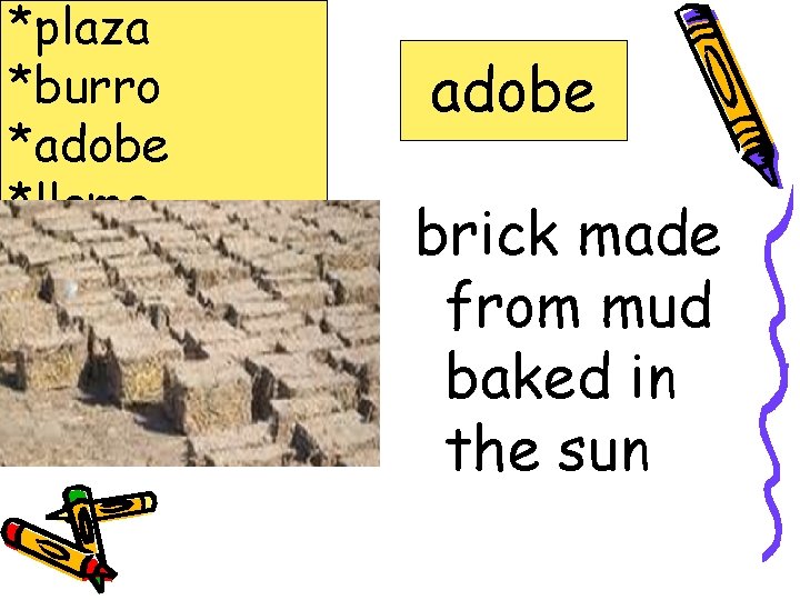 *plaza *burro *adobe *llama *Salsa adobe brick made from mud baked in the sun