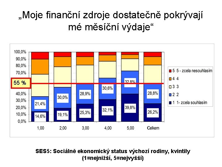 „Moje finanční zdroje dostatečně pokrývají mé měsíční výdaje“ 55 % SES 5: Sociálně ekonomický