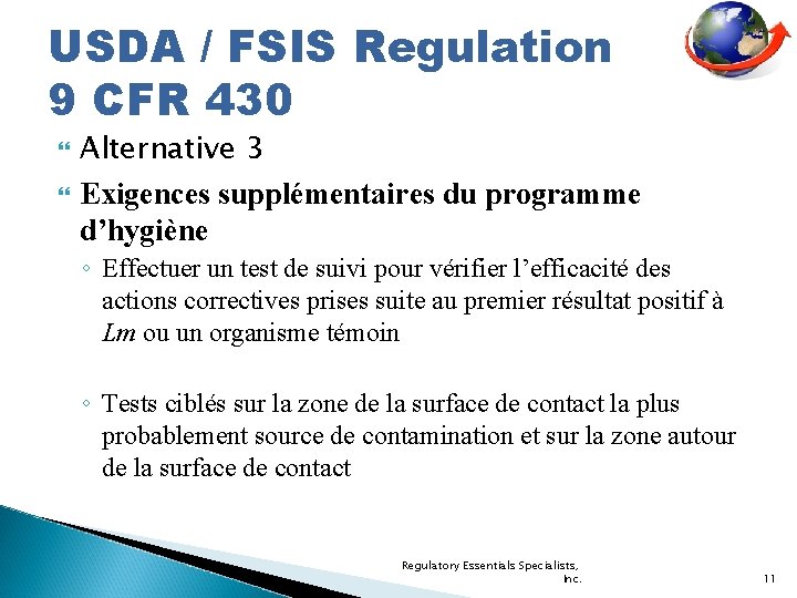 USDA / FSIS Regulation 9 CFR 430 Alternative 3 Exigences supplémentaires du programme d’hygiène