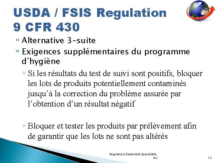 USDA / FSIS Regulation 9 CFR 430 Alternative 3 -suite Exigences supplémentaires du programme