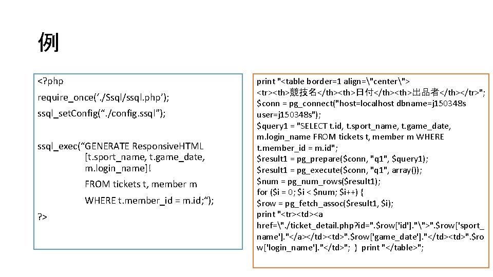 例 <? php require_once(‘. /Ssql/ssql. php’); ssql_set. Config(“. /config. ssql”); ssql_exec(“GENERATE Responsive. HTML [t.