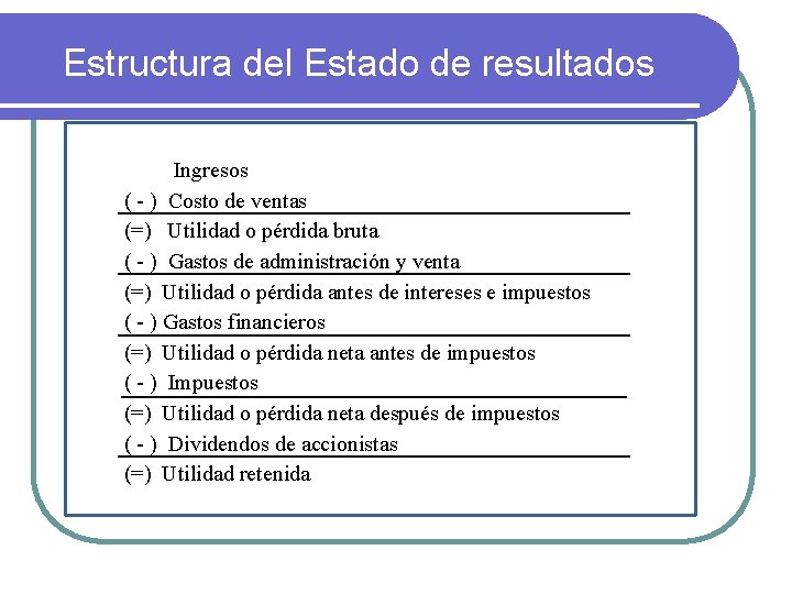 Estructura del Estado de resultados Ingresos ( - ) Costo de ventas (=) Utilidad