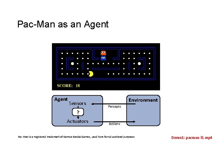 Pac-Man as an Agent Sensors Environment Percepts ? Actuators Actions Pac-Man is a registered