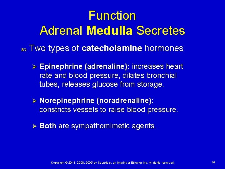 Function Adrenal Medulla Secretes Two types of catecholamine hormones Ø Epinephrine (adrenaline): increases heart