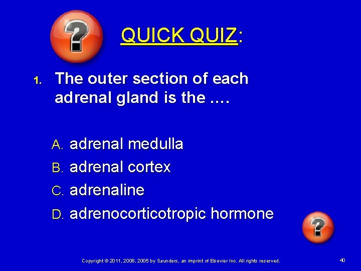 QUICK QUIZ: 1. The outer section of each adrenal gland is the …. adrenal