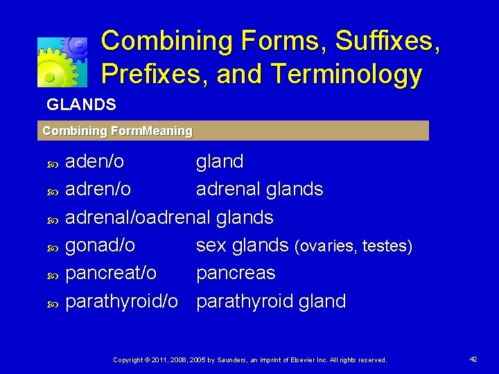 Combining Forms, Suffixes, Prefixes, and Terminology GLANDS Combining Form. Meaning aden/o gland adren/o adrenal