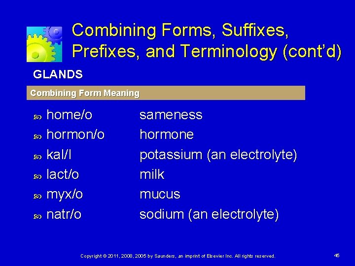 Combining Forms, Suffixes, Prefixes, and Terminology (cont’d) GLANDS Combining Form Meaning home/o hormon/o kal/I