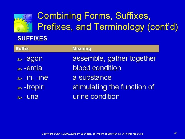 Combining Forms, Suffixes, Prefixes, and Terminology (cont’d) SUFFIXES Suffix Meaning -agon -emia -in, -ine