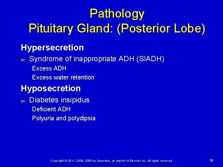 Pathology Pituitary Gland: (Posterior Lobe) Hypersecretion Syndrome of inappropriate ADH (SIADH) Excess ADH Excess