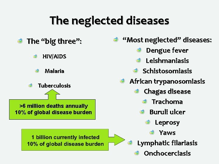 The neglected diseases The “big three”: HIV/AIDS Malaria Tuberculosis >6 million deaths annually 10%