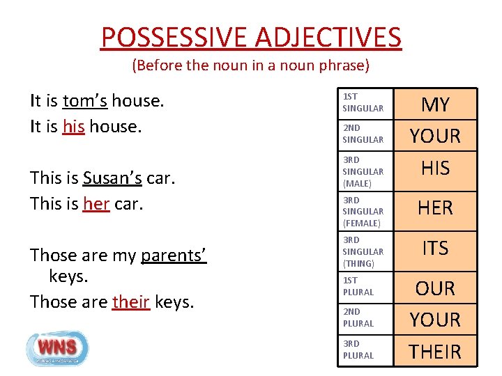 POSSESSIVE ADJECTIVES (Before the noun in a noun phrase) It is tom’s house. It